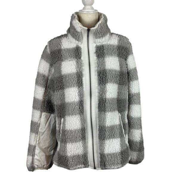 A&F Sherpa Check Fleece Plaid Full Zip Jacket Coat Gray and White Size Medium - Picture 2 of 16